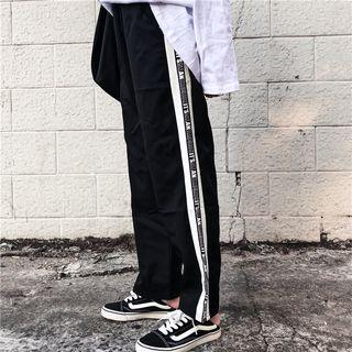 Lettering Striped Cropped Straight-fit Pants