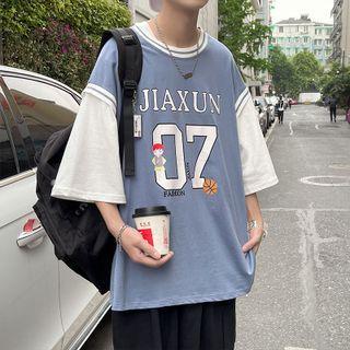 Mock Two-piece 3/4-sleeve Numbering T-shirt
