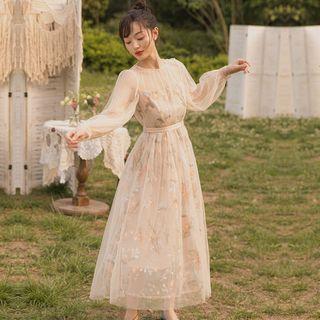 Embroidered Gathered-waist Long-sleeve Dress