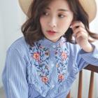 Embroidery Striped Stand Collar Blouse