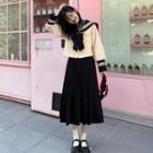 Bow Accent Sailor Collar Knit Jacket / Midi Pleated Skirt