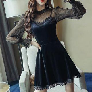 Set: Mesh Long-sleeve Top + Lace Trim Spaghetti Strap A-line Dress