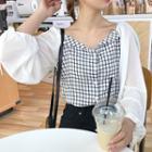 Long-sleeve Checker Paneled Buttoned Top