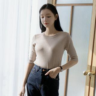 Elbow-sleeve Metallic Rib-knit Top