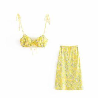 Spaghetti Strap Floral Print Top / Midi A-line Skirt