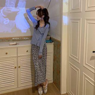 Long-sleeve Irregular Buttoned Knit Top / Irregular Floral Print A-line Midi Skirt