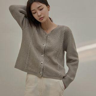 V-neck Cable-knit Cardigan Khaki - One Size