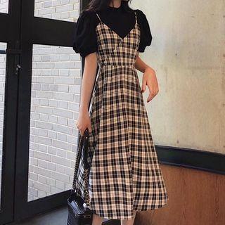 Puff-sleeve Top / Plaid Midi A-line Overall Dress