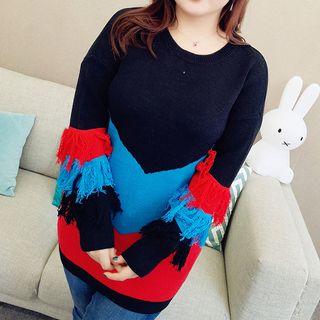 Color Block Fringed Trim Sweater Black - One Size