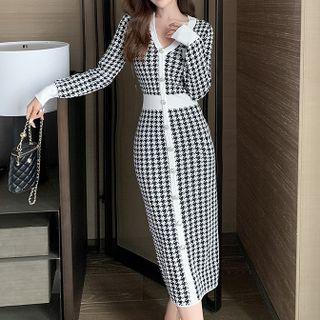 Long-sleeve V-neck Houndstooth Knit Midi Sheath Dress