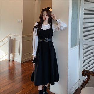 Set Of 2 : Plain Bell-sleeve Top + Belt Spaghetti-strap Dress