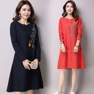 Floral Embroidered Long-sleeve Midi Dress