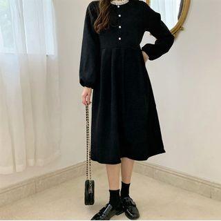 Long-sleeve Lace Panel Corduroy Midi Dress