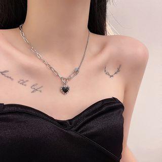 Heart Rhinestone Pendant Alloy Necklace Necklace - Black & Silver - One Size