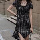 Asymmetrical Puff-sleeve Plaid Midi A-line Dress
