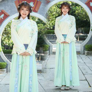Flower Embroidered Long-sleeve Wrap Top / A-line Maxi Skirt