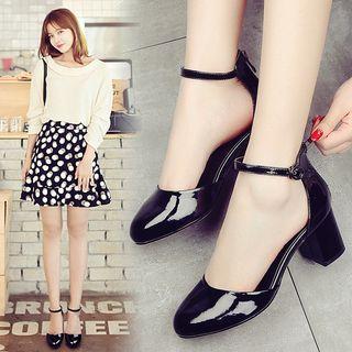 Faux Patent Leather Ankle Strap Chunky Heel Sandals