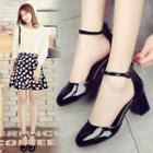 Faux Patent Leather Ankle Strap Chunky Heel Sandals