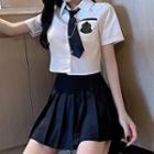 Set: Short-sleeve Badge Embroidered Shirt + A-line Skirt + Neck Tie