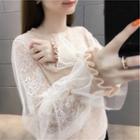 Bell-sleeve Mesh Overlay Lace Top