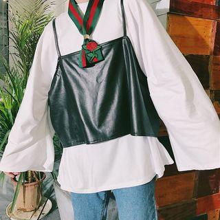 Set: Long Sleeve Plain T-shirt Dress + Faux Leather Camisole Top
