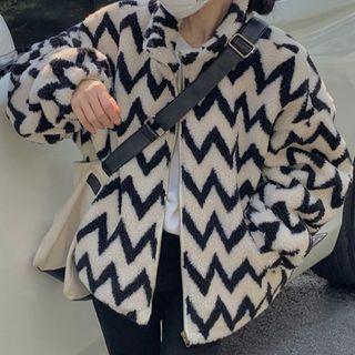 Long-sleeve Striped Zip Faux Wool Jacket Black & White - One Size