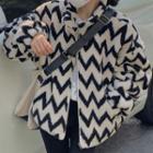 Long-sleeve Striped Zip Faux Wool Jacket Black & White - One Size