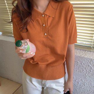 Short-sleeve Embellished Knit Polo Shirt