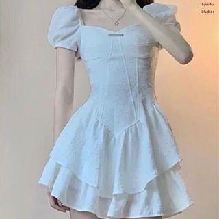 Set: Puff-sleeve Square-neck Layer Mini Dress + Plain Mini Skirt