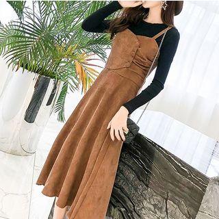 Set: Crew-neck Long-sleeve T-shirt + Corduroy A-line Pinafore Dress