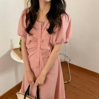 Puff-sleeve Single Breasted Ruffled Dress