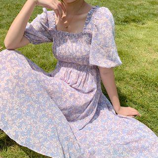 Square-neck Puff-sleeve Chiffon Floral Dress