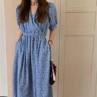 Short-sleeve Floral Print Midi Dress Floral - Blue - One Size