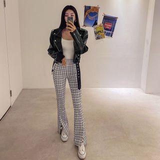 Slit-front Plaid Boot-cut Pants