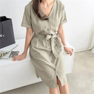 Short-sleeve Buttoned Midi Dress With Sash