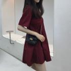 Elbow-sleeve Plain High-waist Mini Dress