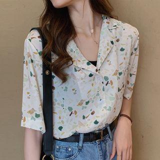 Elbow-sleeve Printed Open-collar Chiffon Shirt
