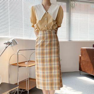 Short-sleeve Blouse / Plaid Midi Shift Skirt
