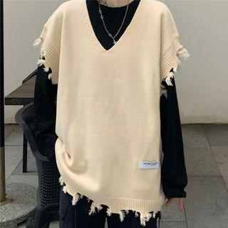 Applique Frayed V-neck Knit Vest