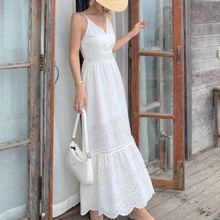 Spaghetti Strap Eyelet Lace Midi A-line Dress
