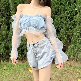 Off-shoulder Mesh Crop Top Sky Blue - One Size