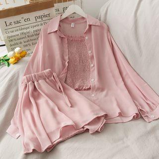 Set Of 3: Smocked Top + Loose Shirt + Shorts