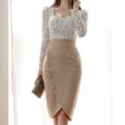 Set: Lace Square-neck Blouse + High-waist Pencil Skirt