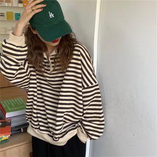 Polo-neck Half-zip Striped Pullover