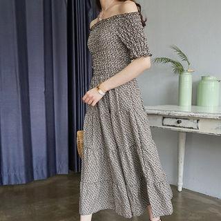 Floral Patterned Smocked-panel Off-shoulder Tiered Long Dress