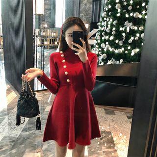 Buttoned Mock-neck Long-sleeve Slim-fit Dress Red - One Size