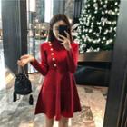 Buttoned Mock-neck Long-sleeve Slim-fit Dress Red - One Size