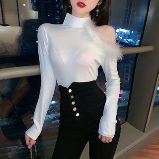 Fluffy Cold-shoulder Long-sleeve T-shirt