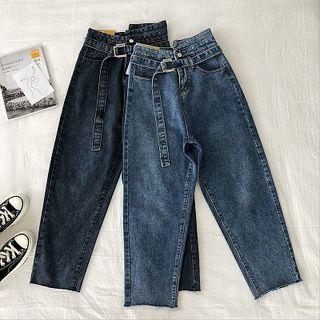 Asymmetric High-waist Frayed Harem Jeans With Belt