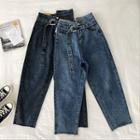 Asymmetric High-waist Frayed Harem Jeans With Belt